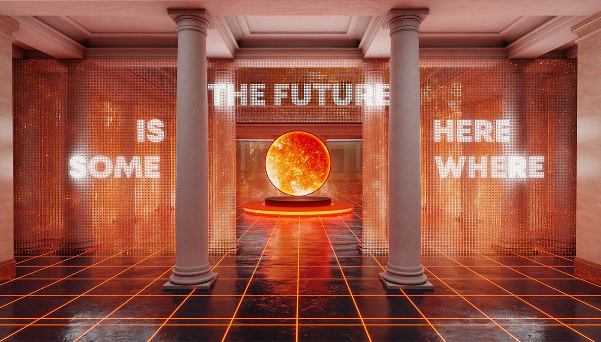 Interno dell'installazione Y.O.U. Your Own Universe con colonne, pavimento a griglia arancione, sfera luminosa centrale e scritte al neon "The Future Is Somewhere"