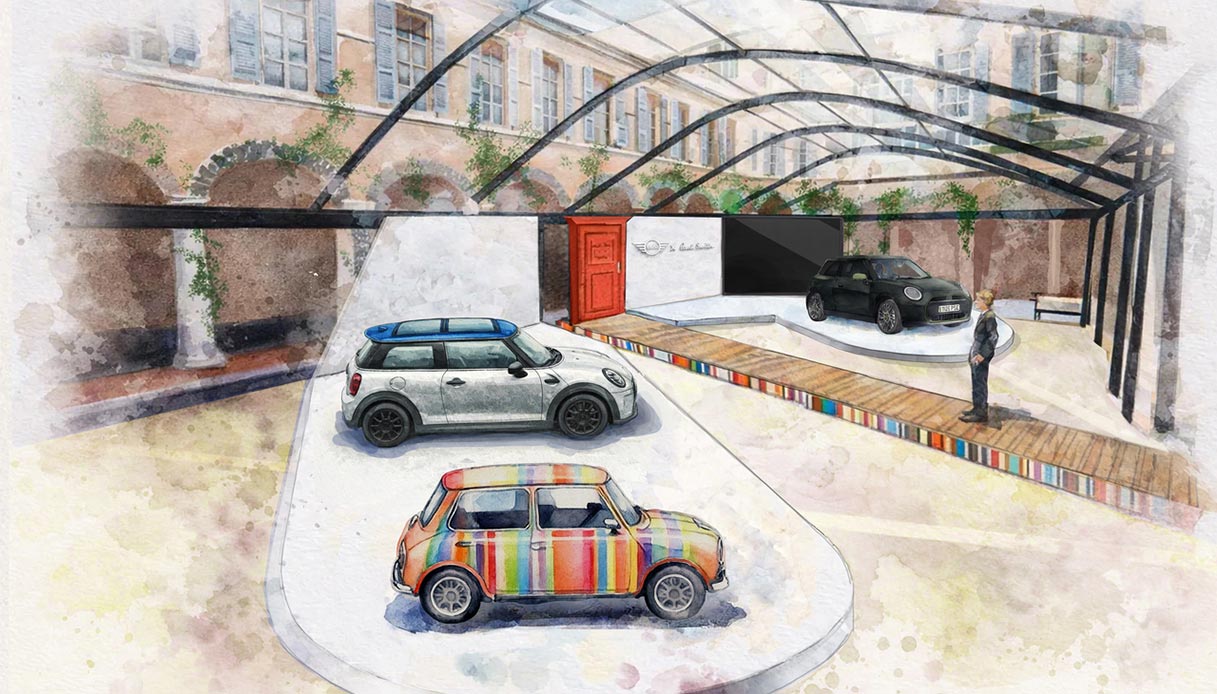 Illustrazione acquerello dell'installazione MINI x Paul Smith A Garden of Curiosity con passerella in legno, porta rossa, Mini classica a strisce e nuova Cooper Cabrio nera