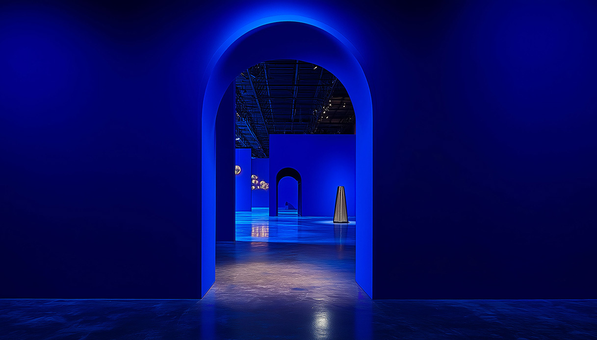 Installazione SuperNova con archi blu elettrico in enfilade in uno spazio industriale, lampade sferiche sospese e scultura conica metallica al centro