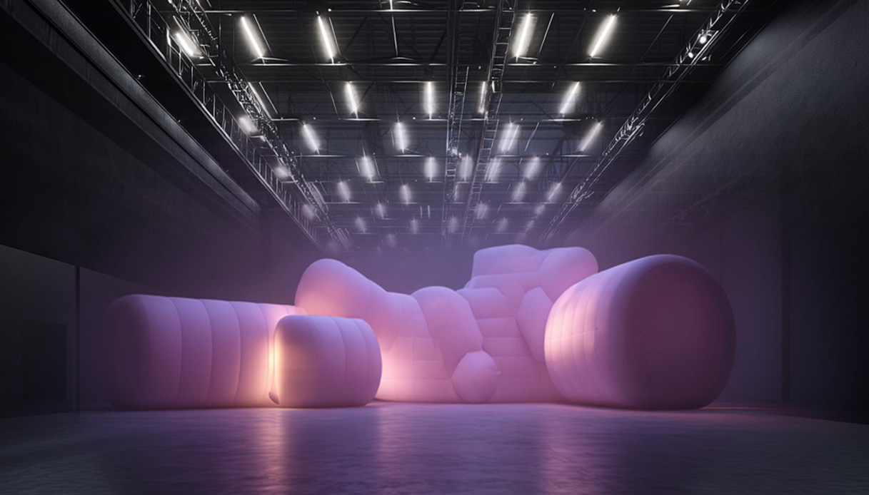 Installazione SuperPlayground con grandi forme gonfiabili organiche in toni lilla e rosa illuminate da luce soffusa in uno spazio industriale con soffitto a tralicci metallici
