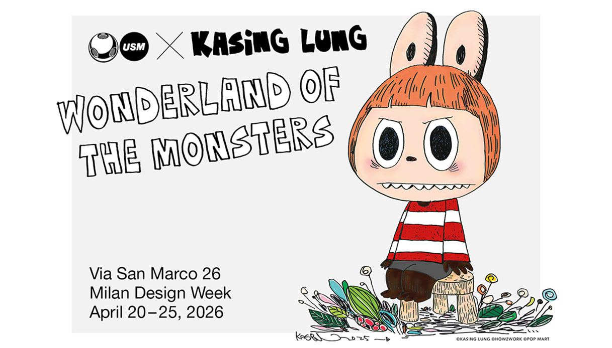 Keyvisual della collaborazione USM x Kasing Lung con il personaggio Bob dai capelli arancioni su sfondo bianco e scritta Wonderland of the Monsters