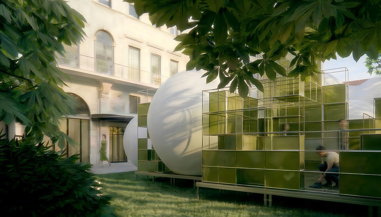 Rendering del giardino con struttura modulare USM in toni verde oliva e sfera tessile bianca sullo sfondo della facciata neoclassica della Fondazione Luigi Rovati