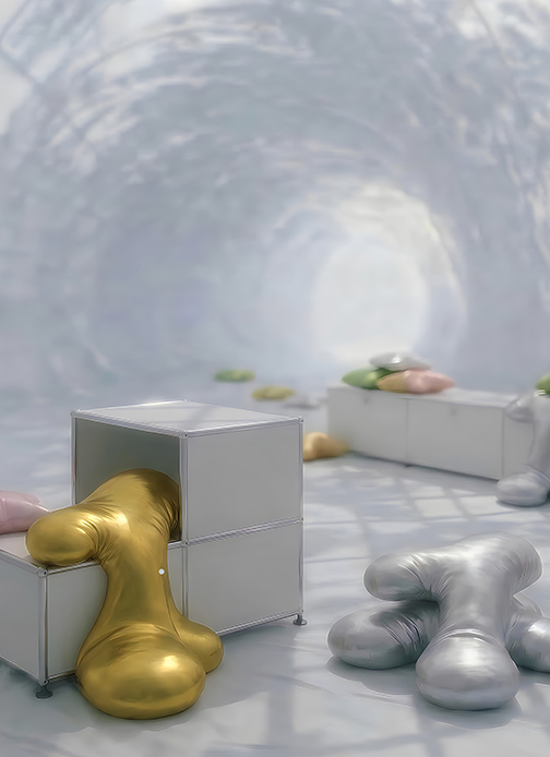 Interno del bozzolo con moduli USM bianchi e forme organiche dorate e argentate sul pavimento, sullo sfondo la membrana tessile avvolgente