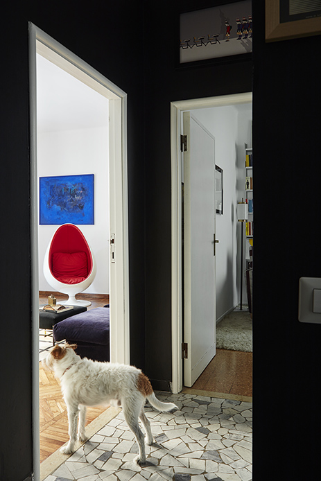 Corridoio con pareti nere e pavimento in marmo grigio a moduli irregolari, fox terrier bianco in primo piano, Ball Chair rossa visibile attraverso porta aperta sul soggiorno illuminato