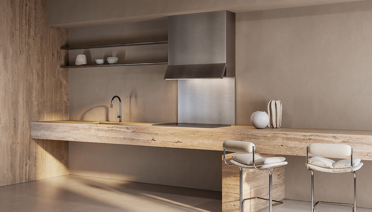 Cucina Glem Gas AURA con cappa in acciaio spazzolato e top in travertino