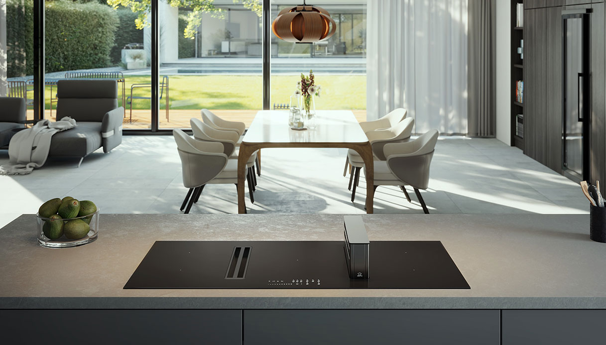 Piano cottura a induzione FABER TWINS con aspirazione integrata su isola in cucina open space