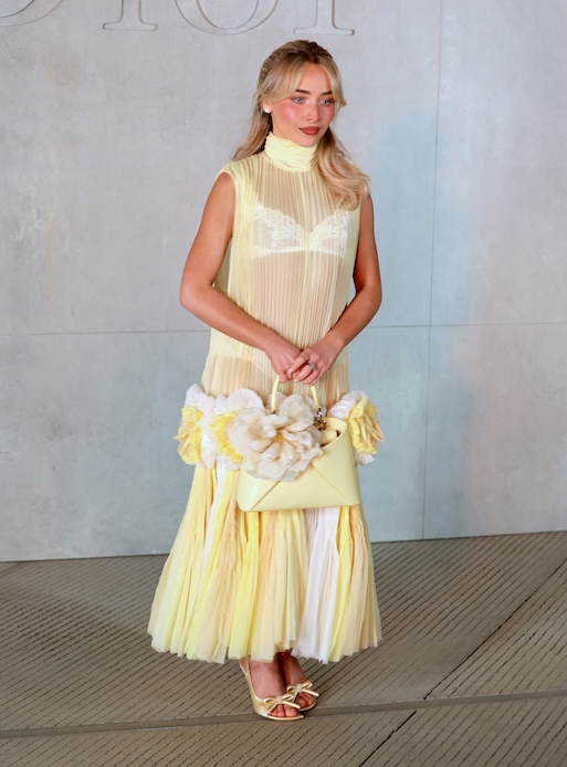 Sabrina Carpenter al LACMA con abito giallo burro pliss&eacute; alla sfilata Dior Cruise 2027
