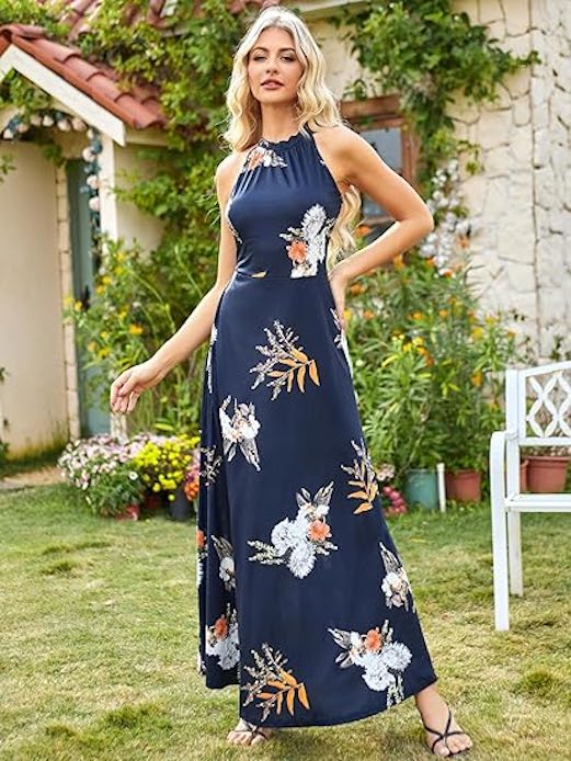 abito da cerimonia a fiori con accessori neri