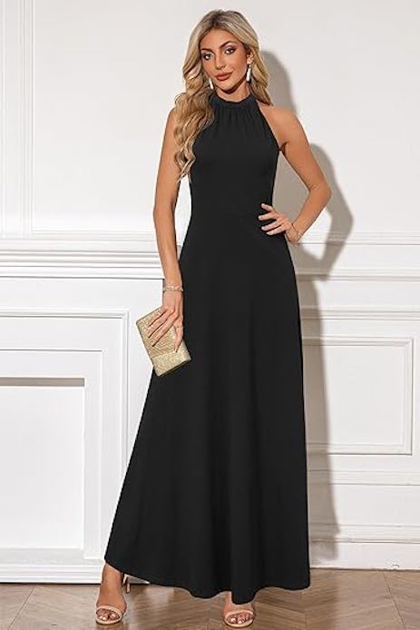 Abito da cerimonia nero con borsa gold