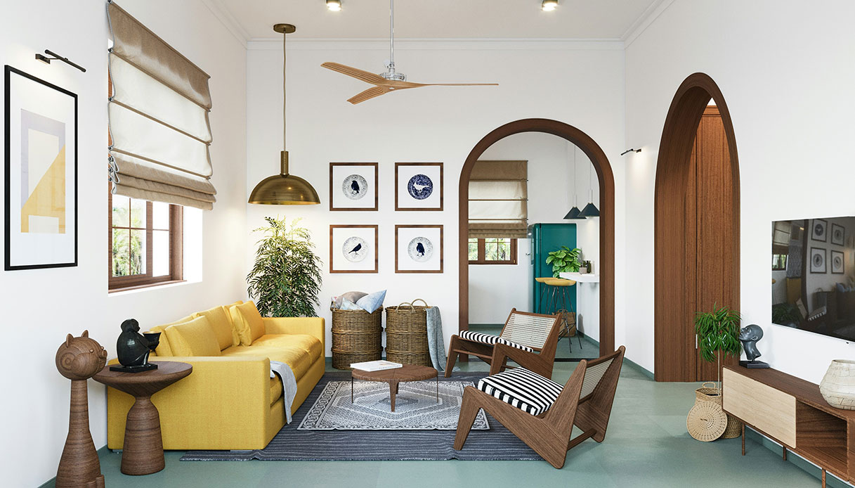 Soggiorno con divano giallo senape, sedie in legno con seduta intrecciata bianco nera, pavimento verde acqua, arco in legno scuro e lampada in ottone