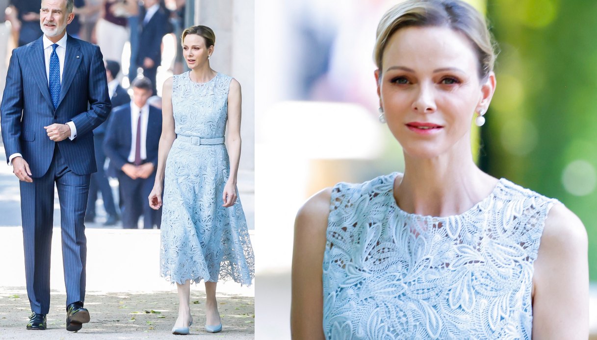 Charlene di Monaco in pizzo azzurro polvere