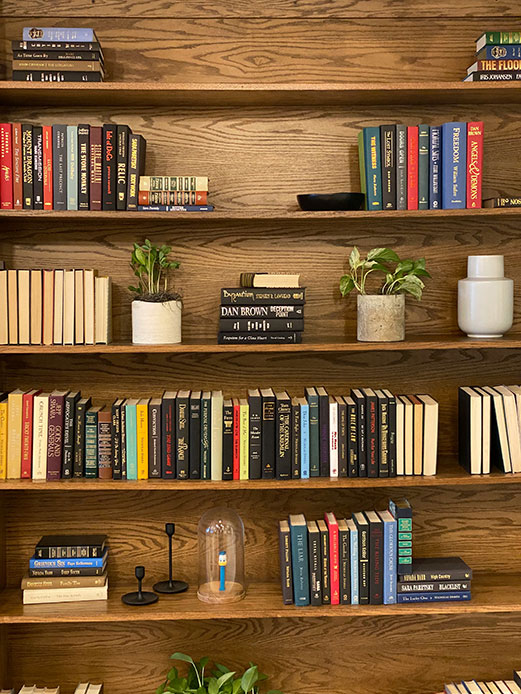 Libreria a cinque ripiani in legno scuro con libri verticali dai dorsi colorati, piante in vaso, campana in vetro e vaso bianco ceramica come elementi decorativi