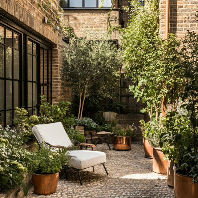 Cortile urbano con pavimentazione a ciottoli, sdraio bianca, vasi in rame con piante aromatiche e alberi da frutto tra muri in mattoni a vista