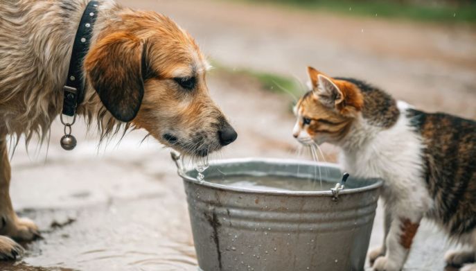 Cane e gatto cercano acqua da bere: effetti dell'abbandono
