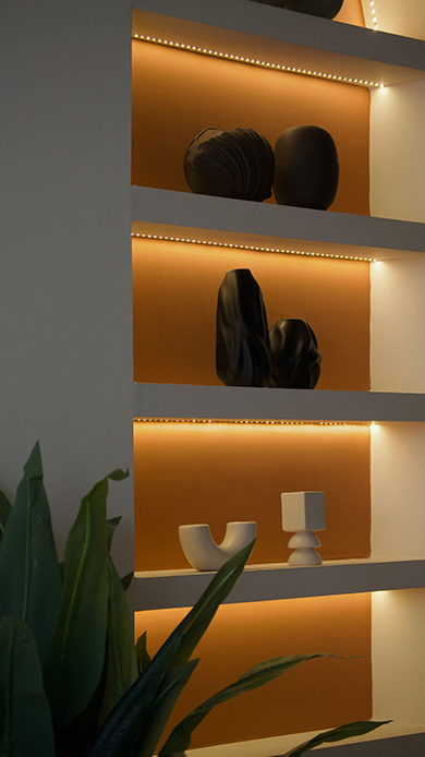 Mensole a parete con illuminazione a strip LED, vasi in ceramica scura e chiara, pianta verde in primo piano