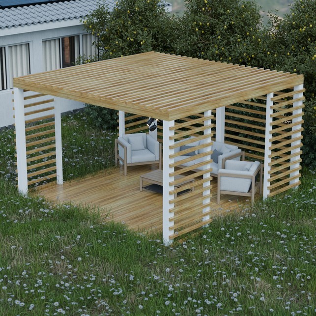 Rendering di pergola bioclimatica in legno con lamelle orientabili, poltrone imbottite chiare e giardino fiorito