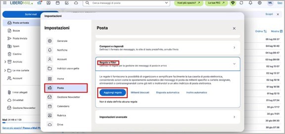 Aggiungi nuova regola su Libero Mail