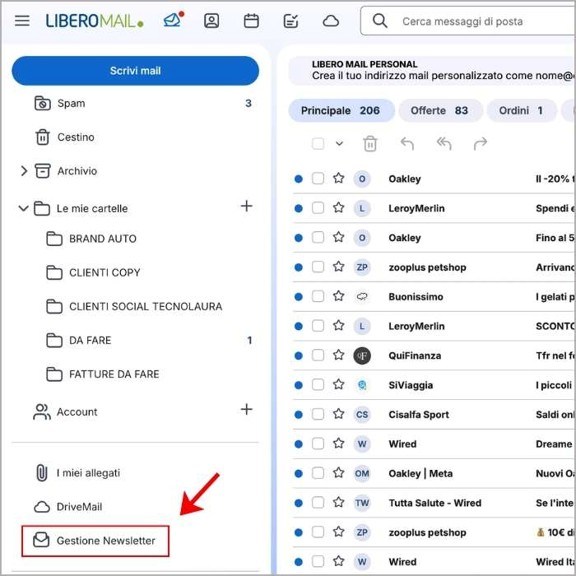 Tasto Gestione Newsletter di Libero Mail