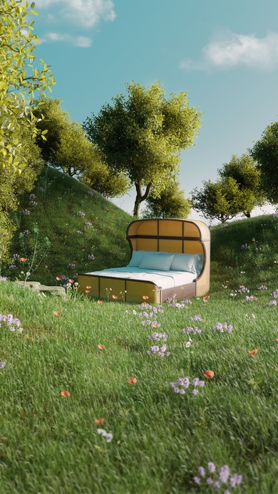 Letto outdoor in rattan su un prato fiorito