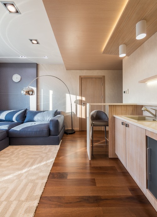 Zona giorno con divano blu, lampada ad arco cromata e pavimento in parquet di legno scuro
