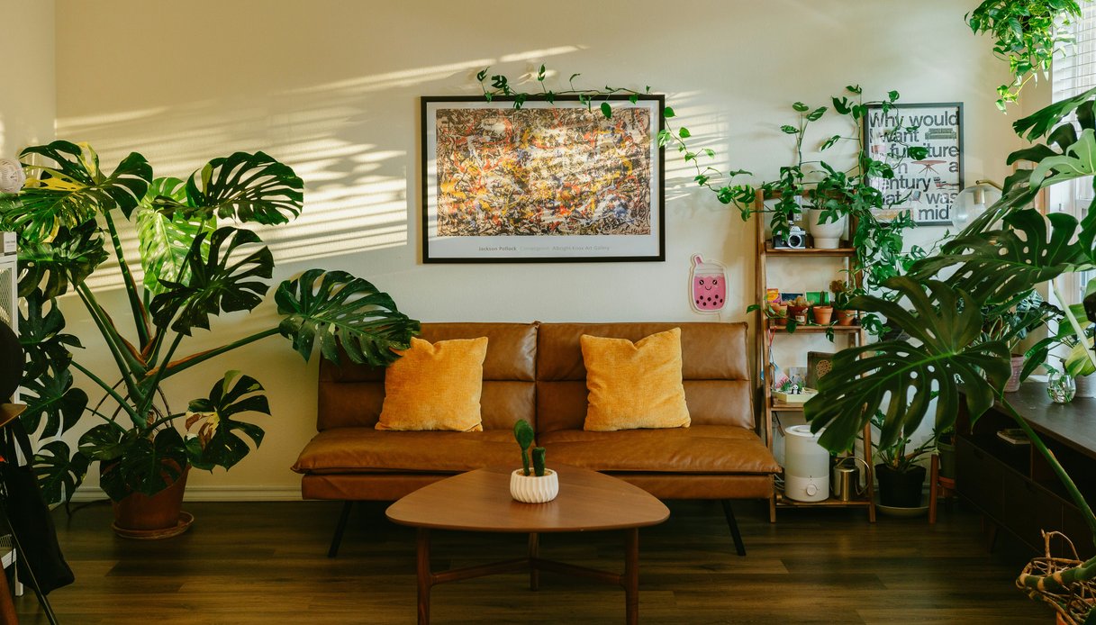 Soggiorno con Monstera Deliciosa, divano in pelle e quadro astratto
