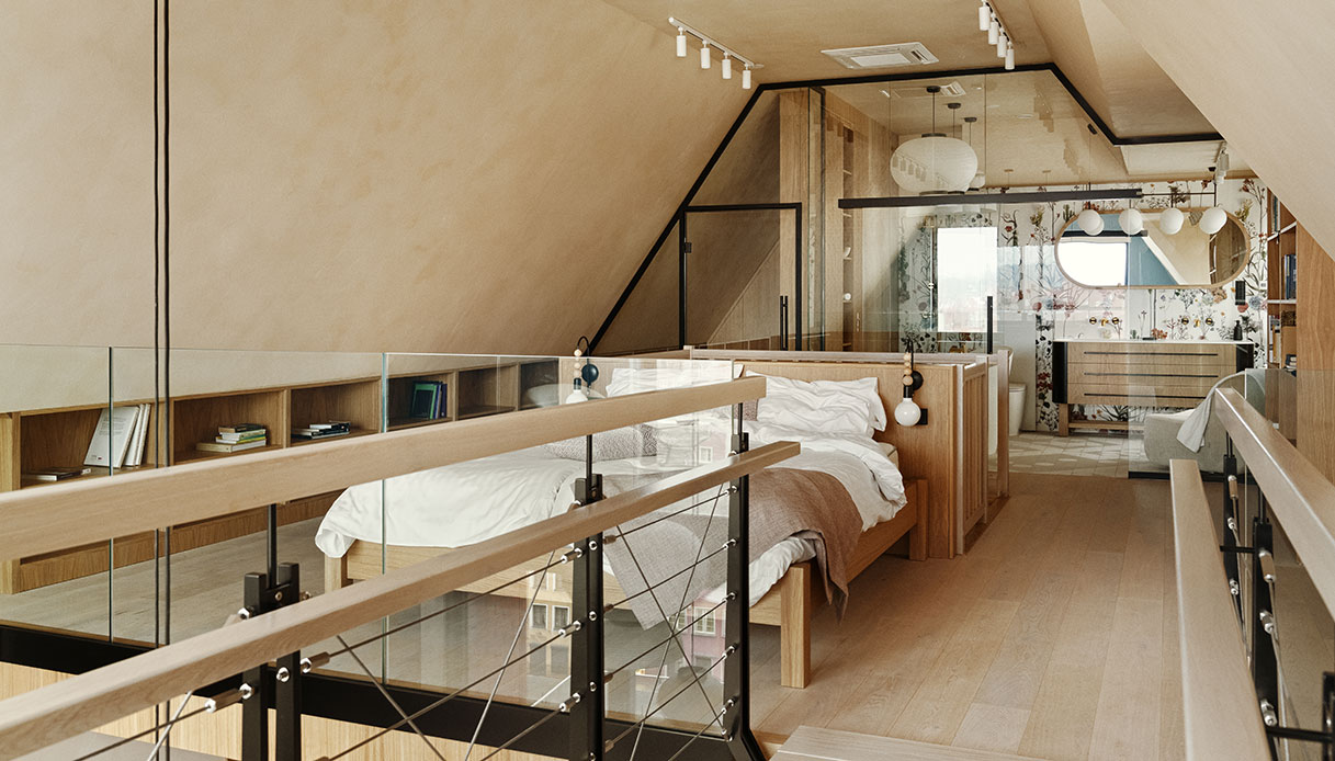 Piano superiore con letto in legno, passerella e bagno padronale visibile sullo sfondo oltre il vetro
