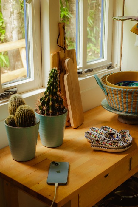 Due cactus in vasi di ceramica verde acqua su un piano di lavoro in legno, accanto a taglieri, ceste in fibra e ceramiche decorate