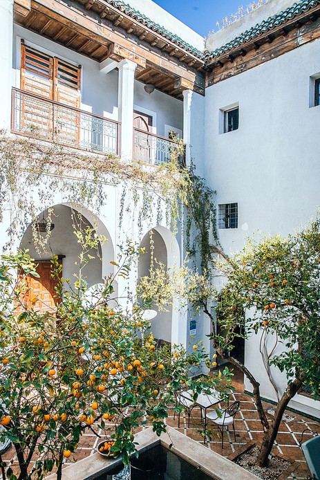 Cortile in stile mediterraneo con alberi di arance e architettura ad archi