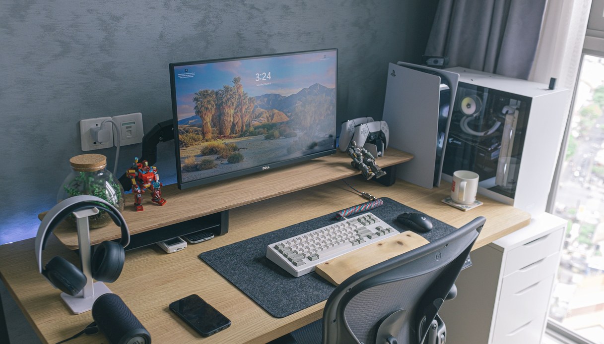Postazione con monitor ampio su rialzo in legno, tastiera meccanica su tappetino in feltro, supporto per cuffie, console e sedia ergonomica in rete