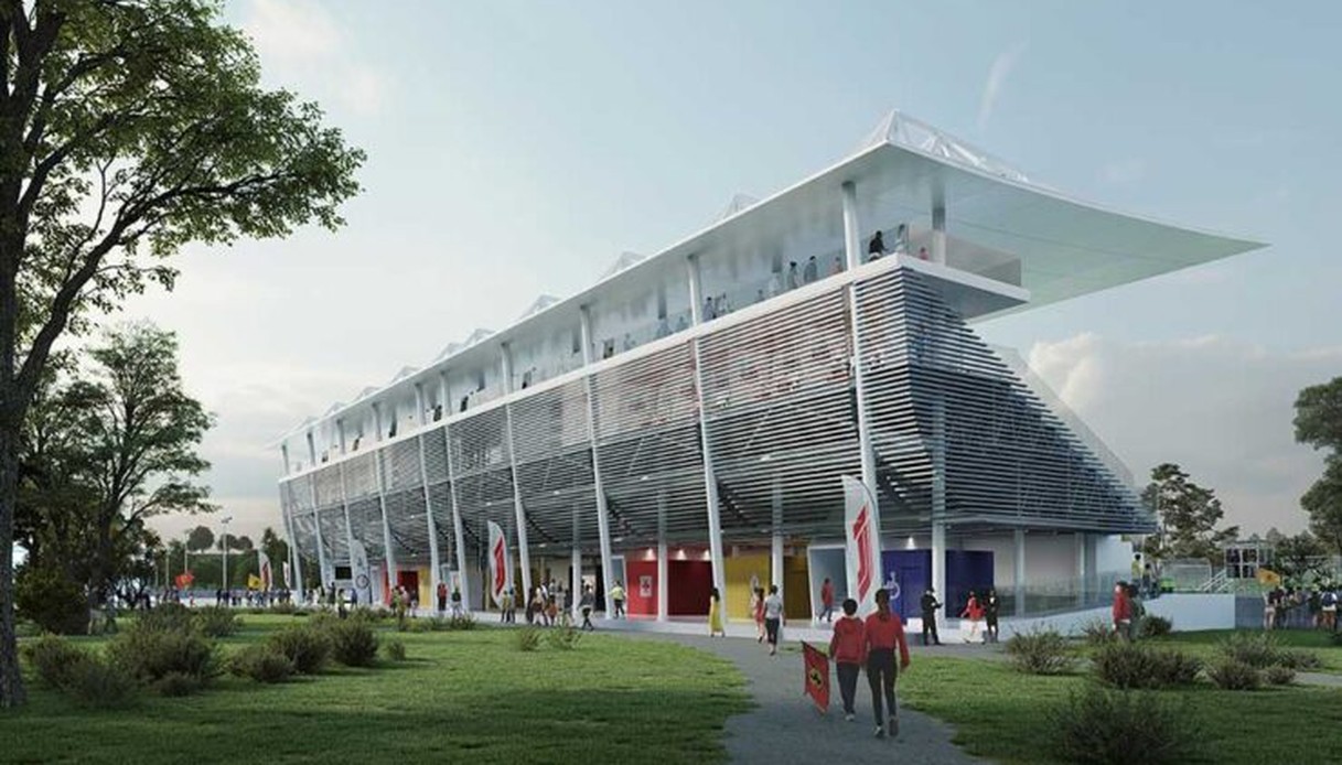 Render della nuova tribuna dell'autodromo di Monza con facciata a lamelle