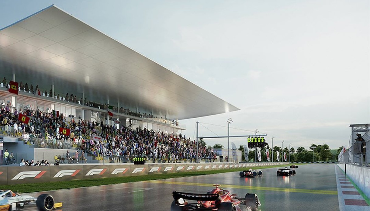 Render della nuova tribuna di Monza con monoposto di Formula 1 in pista