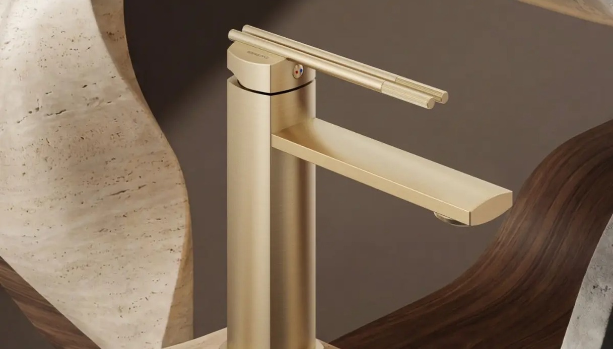 Rubinetto Dual di Novembre Studio con leva a doppia barra parallela, in finitura oro spazzolato su un piano in travertino