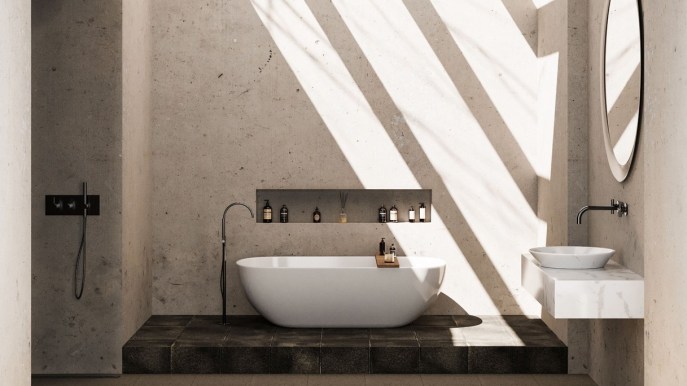 Il bagno diventa una spa privata, tra pietra, acqua e luce soffusa