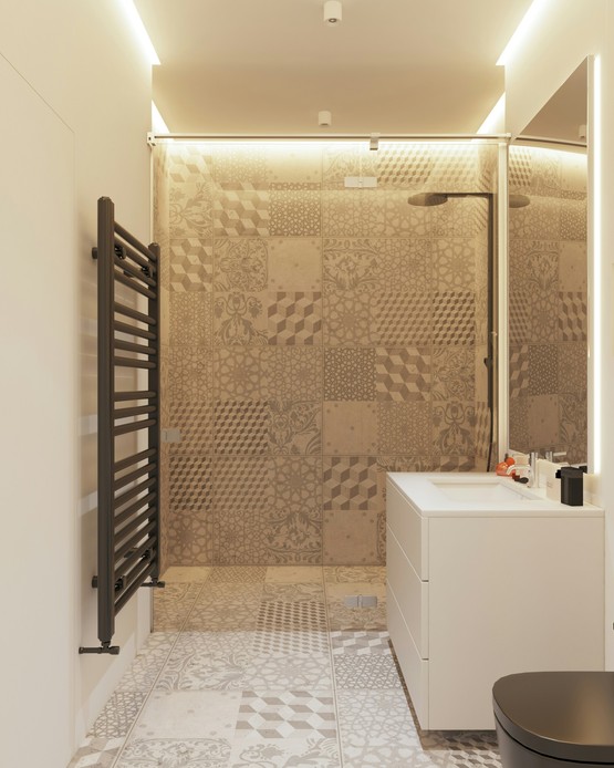 Bagno stretto con doccia walk-in a filo pavimento, parete fissa in vetro, piastrelle decorate in stile cementina, scaldasalviette nero e mobile lavabo bianco