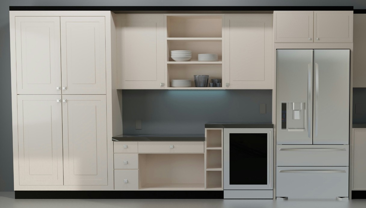Rendering di una parete attrezzata in cucina con colonne dispensa color crema, pensili con vano a giorno, piano di lavoro scuro, cantinetta e frigorifero in acciaio inseriti nei mobili